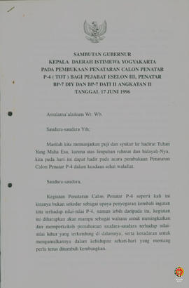 Teks sambutan Gubernur Kepala Daerah Istimewa Yogyakarta pada acara pembukaan penataran calon pen...