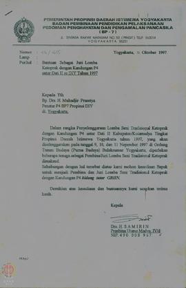 Surat dari BP-7 Propinsi DIY tertanggal 31 Oktober 1997 ditujukan kepada Drs. H. Muhadjir Prasety...