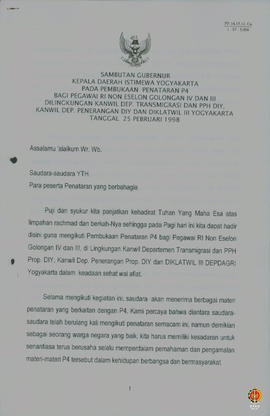Sambutan Gubernur Kepala Daerah Istimewa Yogyakarta Pada Pembukaan Penataran P4 Bagi Pegawai RI N...