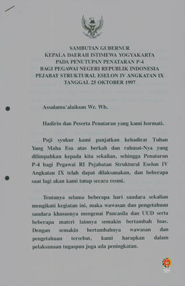 Teks Sambutan Gubernur Kepala Daerah Istmewa Yogyakarta pada penutupan penataran P4 bagi Pegawai ...
