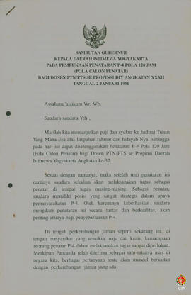 Teks sambutan Gubernur Kepala Daerah Istimewa Yogyakarta pada pembukaan penataran P4 pola 120 jam...
