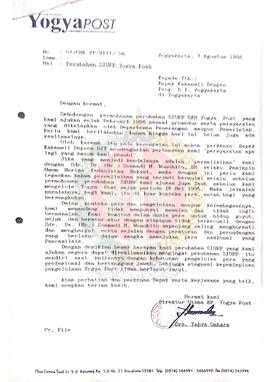 Surat dari Direktur Utama Badan Penerbit Yogya Post kepada Kepala Kantor Wilayah Departemen Pener...