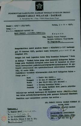 Surat dari Bupati Kepala Dati II Kulonprogo kepada Kepala Taman Budaya Yogyakarta tentang pemberi...