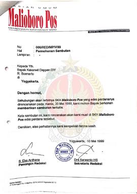 Berkas surat kepada Kepala Kantor Wilayah Departemen Penerangan Daerah Istimewa Yogyakarta periha...