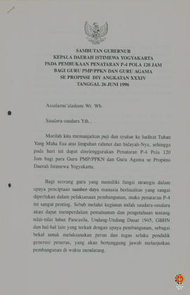 Teks sambutan Gubernur Kepala Daerah Istimewa Yogyakarta pada acara pembukaan penataran P4 pola 1...