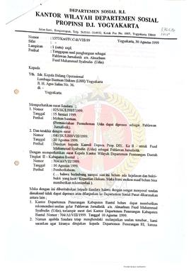 Surat dari Kepala Kantor Wilayah Departemen Sosial Provinsi Daerah Istimewa Yogyakarta kepada Kep...