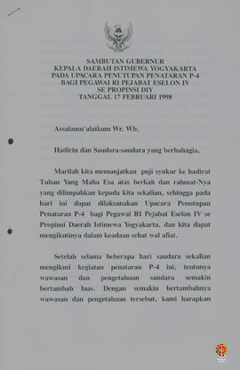 Sambutan Gubernur Kepala Daerah Istimewa Yogyakarta pada Upacara Penutupan Penataran P4 bagi Pega...