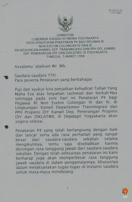 Sambutan Gubernur Daerah Istimewa Yogyakarta pada Penutupan Penataran P4 Bagi Pegawai Republik In...