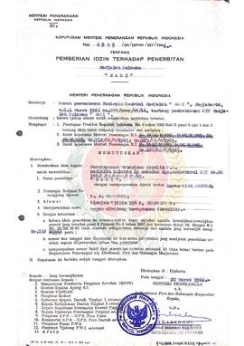 Keputusan Menteri Penerangan Republik Indonesia Nomor : 0209/SK/DPHM/SIT/1966 tentang Pemberian I...