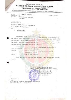 Surat dari Kepala Bidang Bina Rehabilitasi Sosial Daerah Istimewa Yogyakarta kepada Kantor Wilaya...