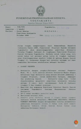 Surat dari Kepala Biro Kepegawaian (Selaku Ketua Panitia) Pemerintah Propinsi DIY kepada Kepala B...