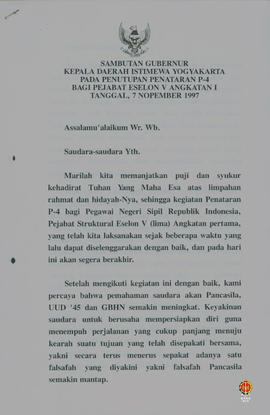 Teks Sambutan Gubernur Kepala Daerah Istimewa Yogyakarta pada penutupan penataran P4 bagi Pejabat...