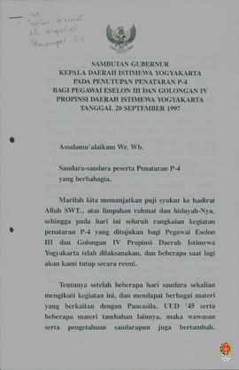 Sambutan Gubernur Kepala Daeah Istimewa Yogyakarta Pada Penutupan Penataran P4 Bagi Pegawai Eselo...