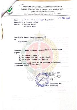 Surat dari Kepala Balai Pengawasan Obat dan Makanan (POM) Yogyakarta kepada Kepala Kantor Wilayah...