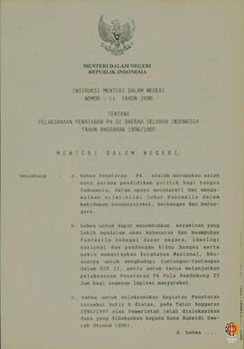 Instruksi Menteri Dalam Negeri tentang pelaksanaan penataran P4 di daerah seluruh Indonesia tahun...