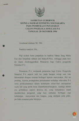 Teks Sambutan Gubernur Kepala DIY pada acara Pembukaan Penataran Calon Pengelola Simulasi P4 tang...
