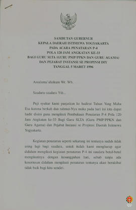 Teks sambutan Gubernur Kepala Daerah Istimewa Yogyakarta pada acara penataran P4 pola 120 jam ang...