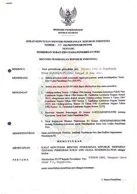 Surat Keputusan Menteri Peneragan Republik Indonesia Nomor : 337/SK/MEPEN/ SIUPP/1998 tentang pem...