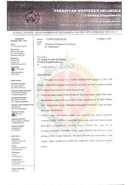 Surat dari Pengurus Persatuan Wartawan Indonesia Cabang Yogyakarta kepada Bapak Prof. DR. BJ. Hab...