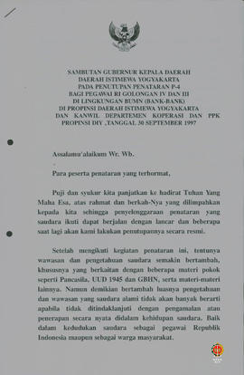 Teks Sambutan Gubernur Kepala Daerah Istomewa Yogyakarta pada penutupan penataran P4 bagi pegawai...