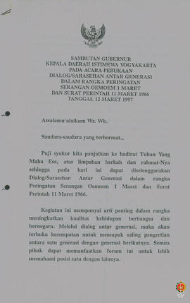 Teks Sambutan Gubernur Kepala Daerah DIY pada acara Pembukaan Dialog/ Sarasehan antar generasi da...