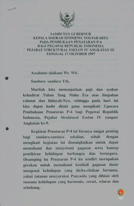 Teks Sambutan Gubernur Kepala Daerah Istimewa Yogyakarta pada pembukaan penataran P4 bagi pegawai