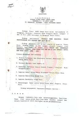 Berkas Keputusan Sidang Pleno XXXVI Dewan Pers tanggal 9-10 Juli 1992 di Senggigi, Mataram-Nusa T...