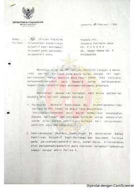 Surat dari Direktur Jenderal Pembinaan Pers dan Grafika Departemen Penerangan Republik Indonesia ...