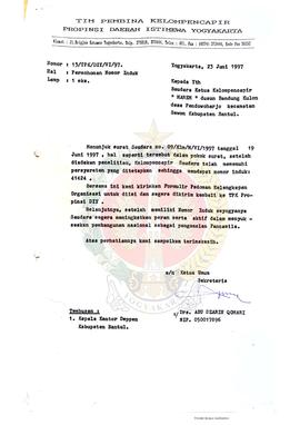 Berkas surat perihal pemberian Nomor Induk Kelompencapir Marem di Kabupaten Bantul beserta lampir...