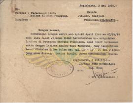 Surat dari Yayasan Rarajongrang kepada Sdr. Sujadi tanggal 2 Mei 1968 tentang permohonan ijin lat...