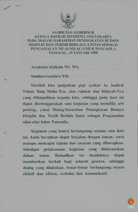 Teks Sambutan Gubernur Kepala Daerah DIY pada acara Pembukaan Dialog/ Sarasehan peningkatan buday...