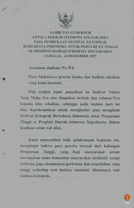 Teks sambutan Gubernur Kepala DIY pada pembukaan Festival Ketoprak berbahasa Indonesia antar Perg...