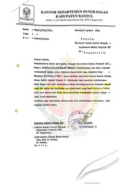 Surat dari Kepala Kantor Departemen Penerangan Kabupaten Bantul kepada Kepala Kantor Wilayah Depa...