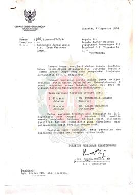 Berkas Surat Bulan Juni, Juli, Agustus 1994 perihal Kunjungan Juralistik atas nama Team Wartawan ...