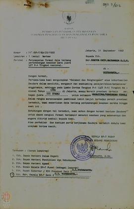 Surat dari BP-7 Pusat tertanggal 16 September 1992 mengenai Penyampaian format data tentang perke...