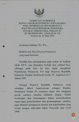 Teks Sambutan Gubernur Kepala Daerah Istimewa Yogyakara pada pembukaan penataran P4 bagi Pegawai ...