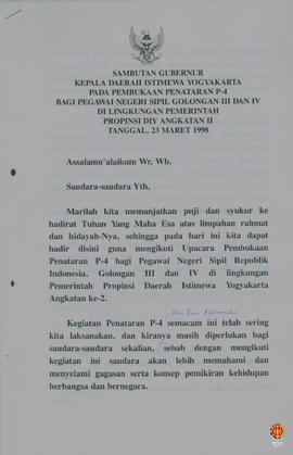 Teks Sambutan Gubernur Kepala DIY pada Pembukaan Penataran P4 bagi Pegawai negeri Sipil gol. III ...