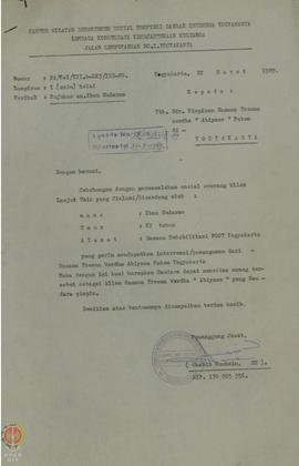 Surat permohonan agar Ibnu Sudarmo dan Ny. Semi dapat diterima sebagai klien Sasana Tresna Werdha...