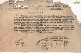 Surat dari Kepala Bagian Keuangan dan Penerangan dan Haminto Kota Yogyakarta kepada Tuan Mantri P...