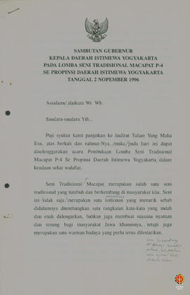 Teks sambutan Gubernur Kepala DIY pada lomba Seni Tradisional Macapat P4 Se-Provinsi DIY, tanggal...