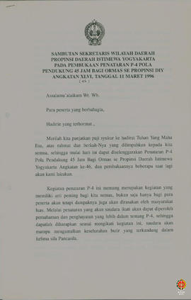 Teks Sambutan Sekretaris Wilayah Daerah Provinsi. DIY pada Upacara Pembukaan Penataran P4 Pola Pe...