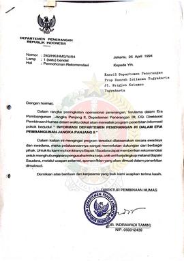 Surat dari Direktur  Pembinaan Hubungan Masyarakat Departemen Penerangan Republik Indonesia kepad...