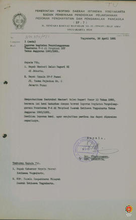 Berkas laporan kegiatan penyelenggaraan penataran P4 tahun anggaran 1990/1991 di Propinsi DIY.