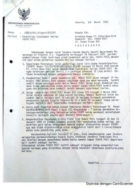 Surat dari Direktur Pembinaan Pers Departemen Penerangan Republik Indoesia kepada Direktur Utama ...
