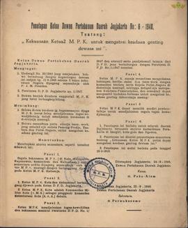 Surat Keputusan Ketua Dewan Pertahanan Daerah Jogjakarta Nomor : 6 tanggal 24 Oktober 1948, tenta...
