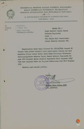 Surat dari BP-7 yang ditujukan kepada Bapak Gubernur Kepala DIY perihal bahan penyusunan pertangg...