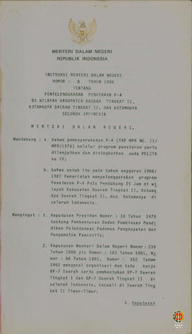 Instruksi Menteri Dalam Negeri Nomor 8 Tahun 1986 tentang Penyelenggaraan Penataran P-4 Pola Pend...