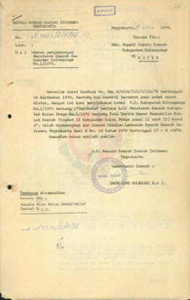 Mohon pengundangan Peraturan Daerah Kulonprogo No. 1/1974 tentang Perubahan pertama kali Peratura...
