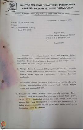 Surat dari Kepala Kantor Wilayah Departemen Penerangan Daerah Istimewa Yogyakarta selaku Ketua Ba...