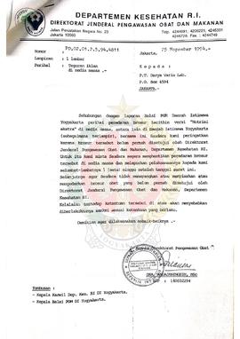 Surat dari Kepala Balai Pengawas Obat dan Makanan (POM) Yogyakarta kepada Kepala Kantor Wilayah D...
